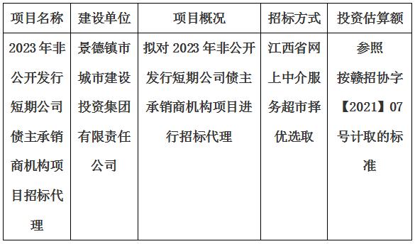 2023年非公開(kāi)發(fā)行短期公司債主承銷商機(jī)構(gòu)項(xiàng)目招標(biāo)代理計(jì)劃公告