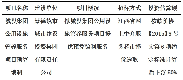 城投集團公用設施管養服務項目預算編制計劃公告