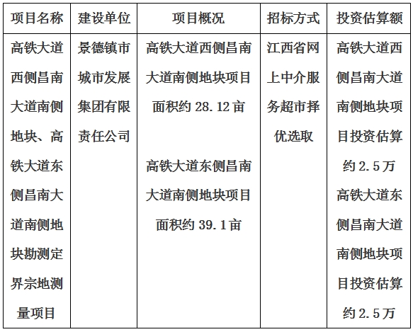 景德鎮市高鐵大道西側昌南大道南側地塊、高鐵大道東側昌南大道南側地塊勘測定界宗地測量項目計劃公告