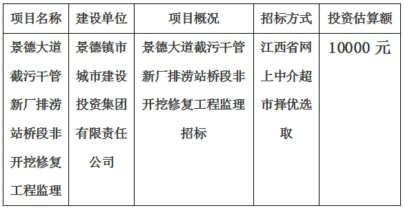 景德大道截污干管新廠排澇站橋段非開挖修復工程監理招標計劃公告　