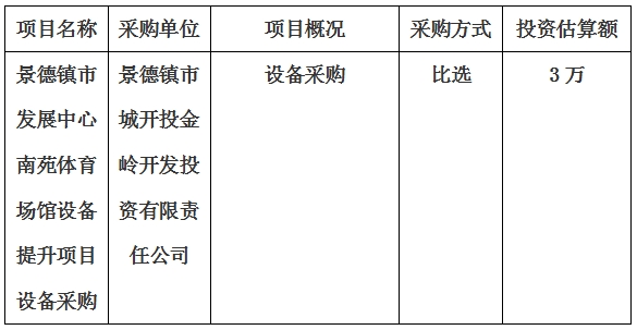 景德鎮(zhèn)市發(fā)展中心南苑體育場館設(shè)備提升項(xiàng)目設(shè)備采購計劃公告