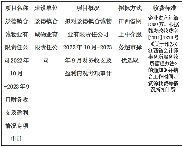 景德鎮合誠物業有限責任公司2022年10月-2023年9月財務收支及盈利情況專項審計的計劃公告