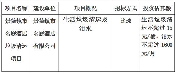 景德鎮市名庭酒店垃圾清運項目計劃公告