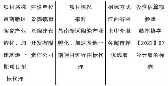 昌南新區陶瓷產業孵化、加速基地一期項目招標代理計劃公告