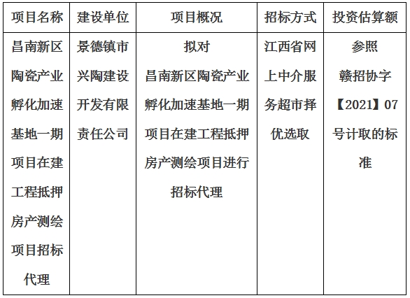 昌南新區(qū)陶瓷產(chǎn)業(yè)孵化加速基地一期項(xiàng)目在建工程抵押房產(chǎn)測繪項(xiàng)目招標(biāo)代理計(jì)劃公告