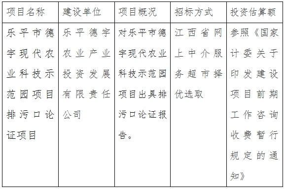 樂平德宇公司德宇現代農業科技示范園排污口論證項目計劃公告