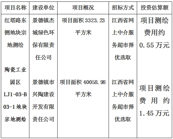 景德鎮(zhèn)市紅塔路東側地塊宗地測繪項目及陶瓷工業(yè)園區(qū)LJ1-03-B03-1地塊宗地測繪項目計劃公告