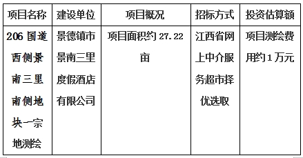 景德鎮市206國道西側景南三里南側地塊一、206國道西側景南三里南側地塊二、206國道西側景南三里南側地塊三、光明大道南側景興大道西側地塊、新村北路北側原財政局地塊、洪源鎮政府北側規劃路西側地塊宗地測繪項目計劃公告