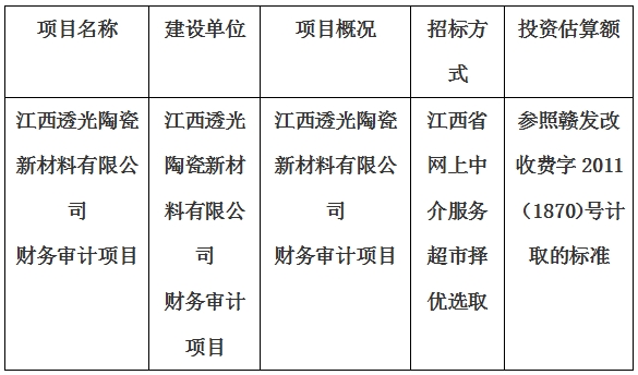 江西透光陶瓷新材料有限公司財務審計項目財務審計項目計劃公告