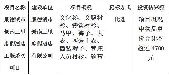 景德鎮市景南三里度假酒店工服采買項目計劃公告