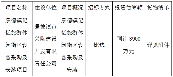 景德鎮記憶旅游休閑街區設備采購及安裝項目計劃公告